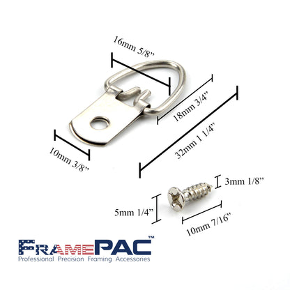 FramePac D-Ring Single Hole Picture Hangers with Screws [100 Pack]