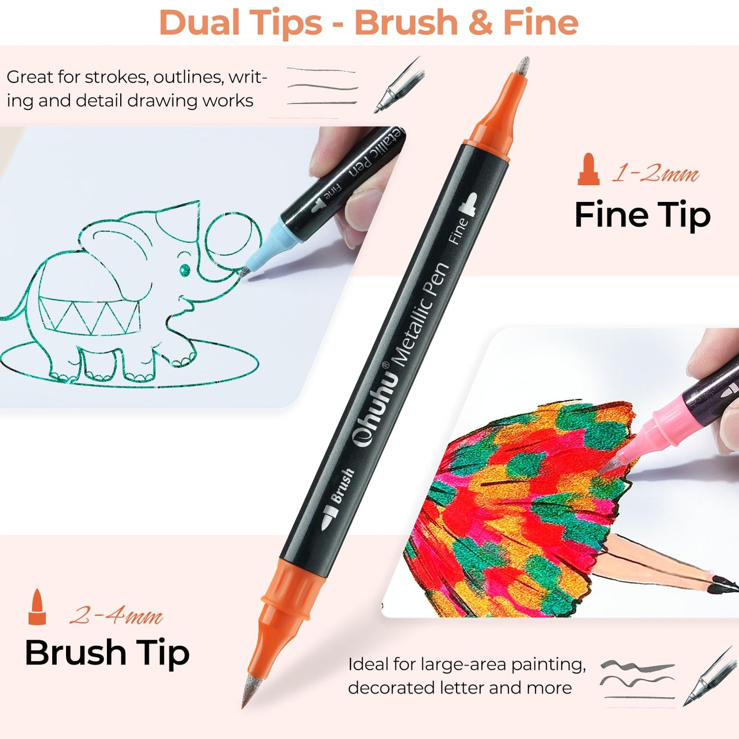 Ohuhu Metallic Marker Pens Dual Tips Brush Fine Point