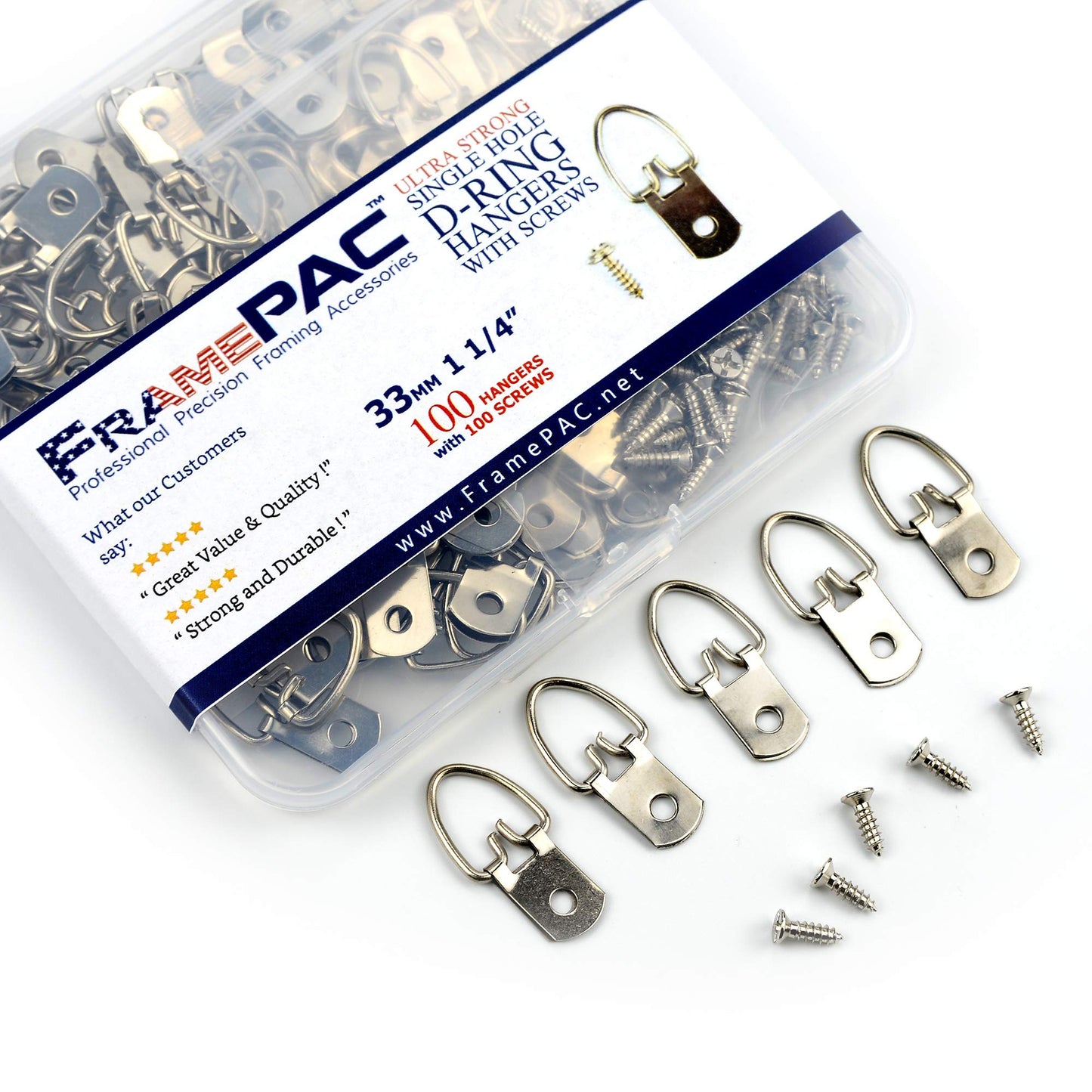 FramePac D-Ring Single Hole Picture Hangers with Screws [100 Pack]